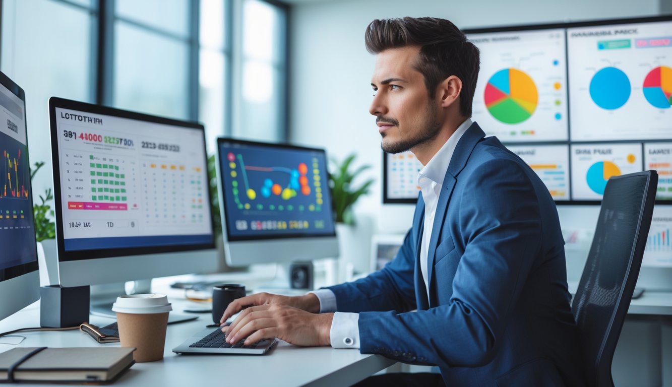 Seorang profesional sedang bekerja di kantor dengan beberapa layar komputer yang menampilkan grafik dan data prediksi angka togel.