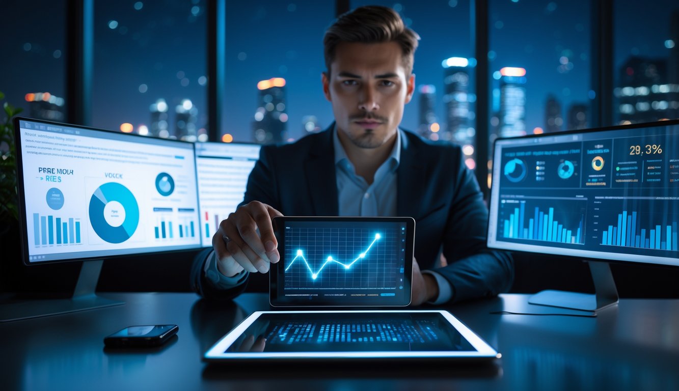 Seorang profesional sedang menganalisis data di tablet di kantor modern pada malam hari dengan latar belakang pemandangan kota yang terang.