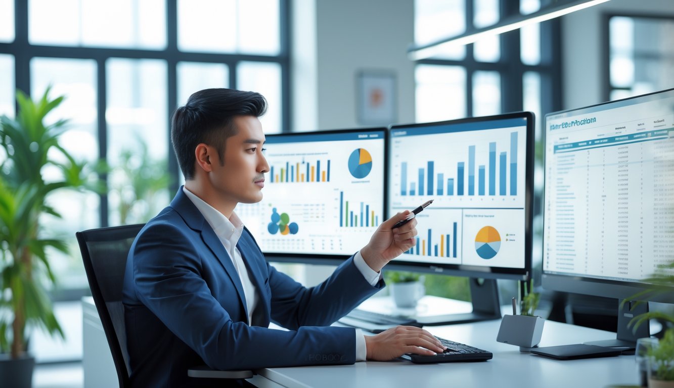 Seorang profesional bisnis sedang menganalisis data di depan beberapa layar komputer dalam kantor modern yang terang dan rapi.