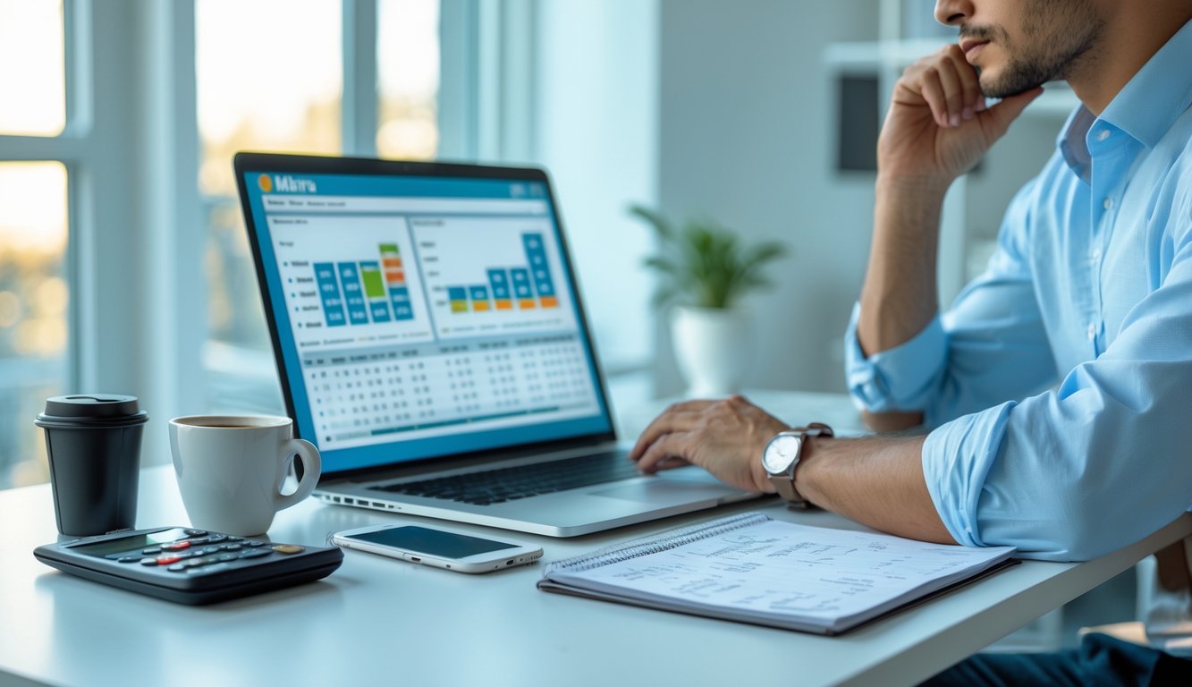 Seseorang sedang fokus menganalisis data prediksi togel di meja kerja dengan laptop, buku catatan, dan kopi di ruangan kantor yang terang.