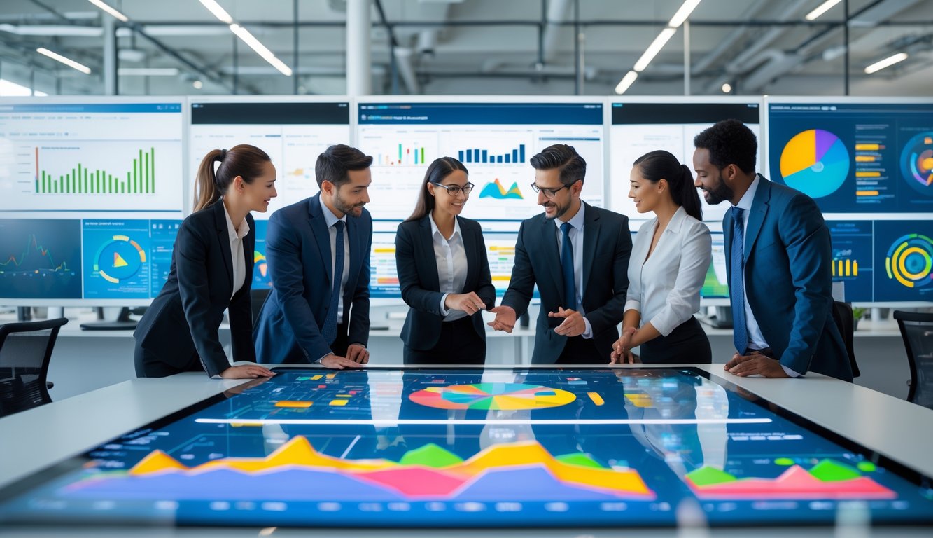Sekelompok profesional sedang berdiskusi di sekitar meja digital dengan grafik dan data prediksi di kantor modern.