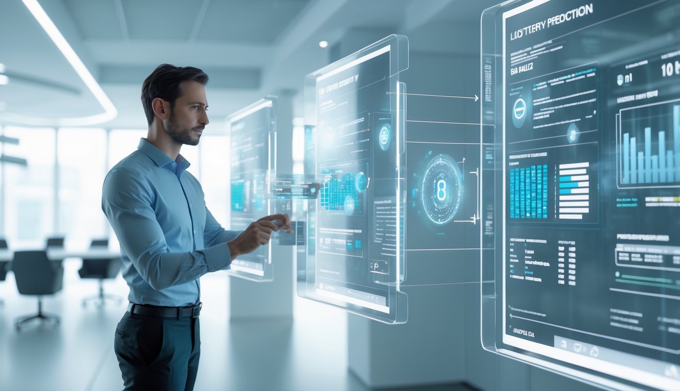 Seorang profesional sedang menganalisis data prediksi togel online di lingkungan kantor modern.