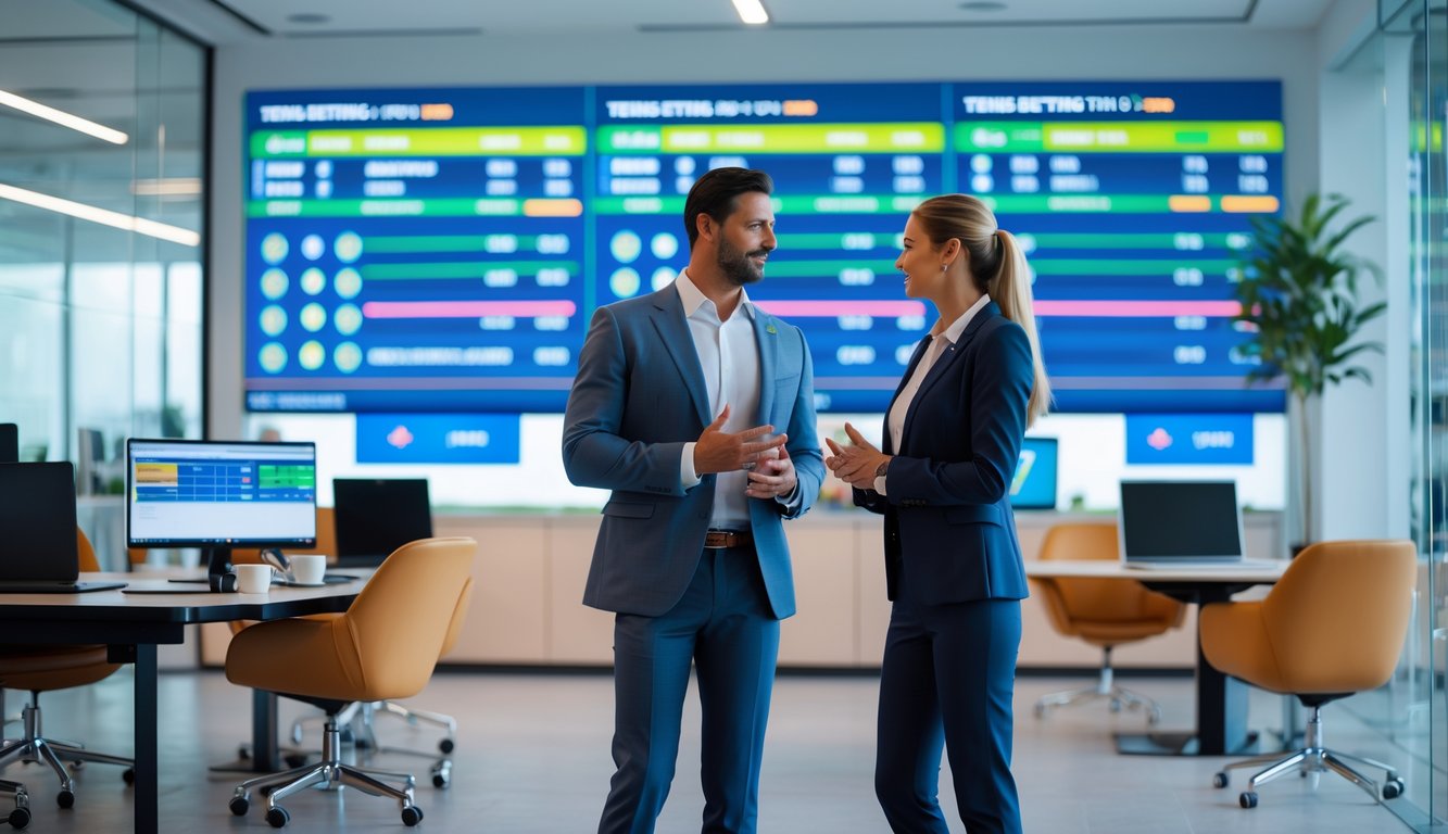 Seorang pria dan wanita berdiskusi di kantor modern dengan layar digital menampilkan statistik pertandingan tenis.