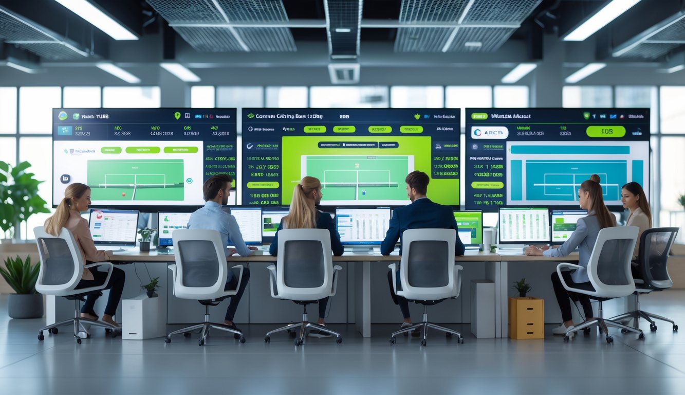 Sekelompok profesional muda bekerja di kantor modern dengan layar komputer yang menampilkan statistik dan skor pertandingan tenis secara langsung.