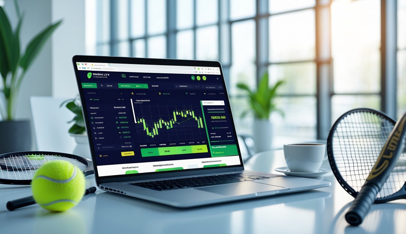 Meja kerja modern dengan laptop yang menampilkan situs taruhan tenis online, bola tenis dan raket di sampingnya, di ruang kantor yang terang dan rapi.