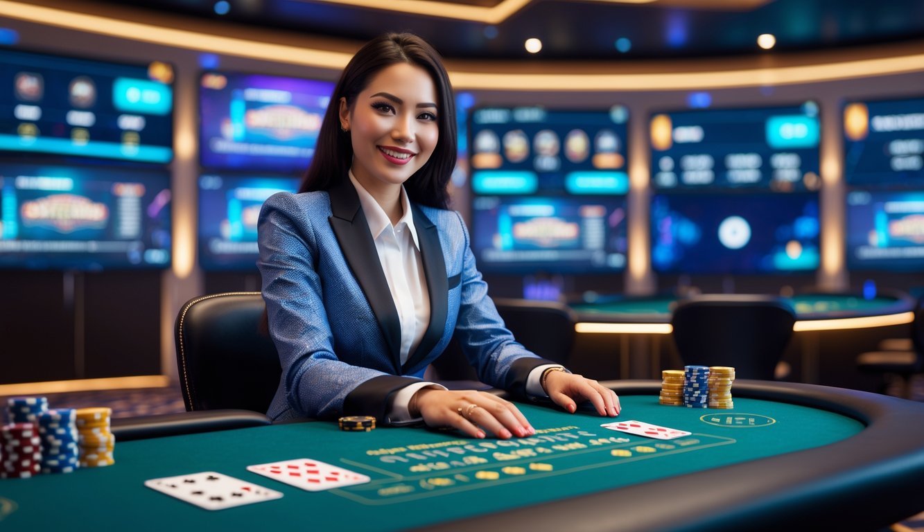 Seorang dealer kasino profesional duduk di meja permainan dengan kartu dan chip, berinteraksi dengan pemain melalui kamera dalam suasana kasino online yang modern.