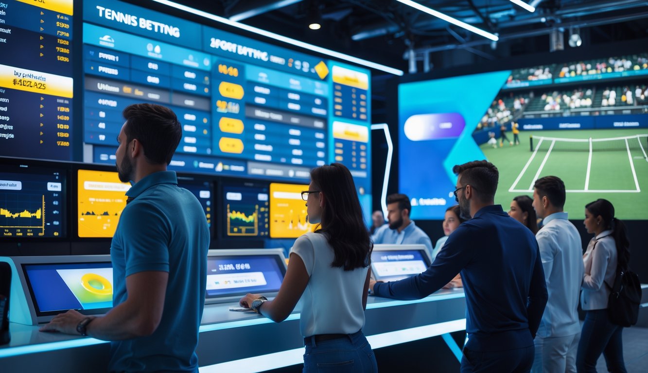 Orang-orang sedang menggunakan terminal taruhan olahraga modern dengan layar yang menampilkan peluang taruhan tenis tinggi dan pertandingan tenis langsung di latar belakang.