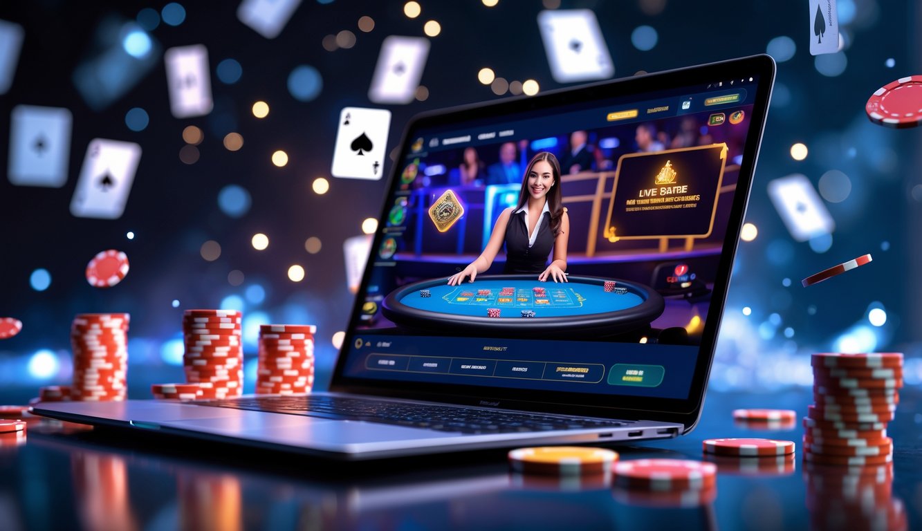 Seorang dealer kasino langsung sedang bermain di layar komputer dengan chip poker dan kartu bermain di sekitarnya.