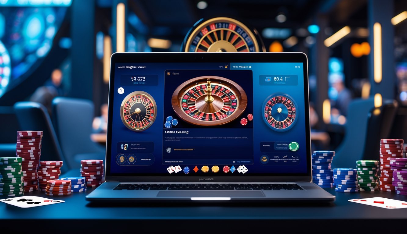 Sebuah layar komputer menampilkan permainan kasino langsung dengan streaming yang jernih, dikelilingi oleh elemen kasino seperti chip dan kartu.