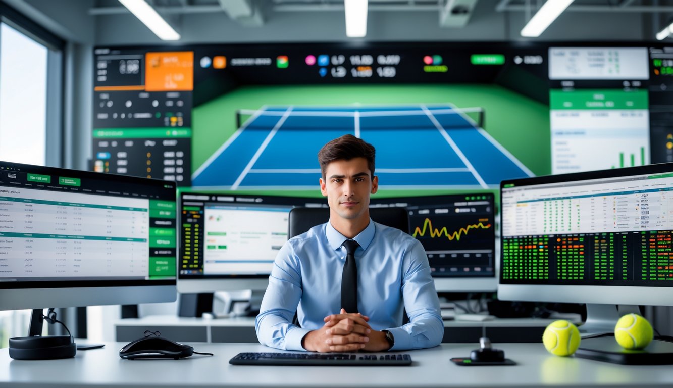 Seorang pria muda duduk di meja kerja dengan beberapa monitor komputer yang menampilkan statistik tenis dan pertandingan langsung, di ruang kantor modern.