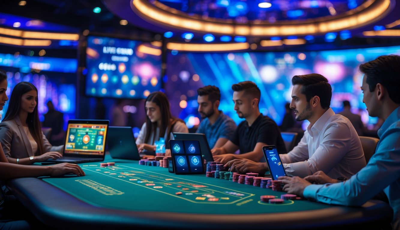 Orang-orang bermain permainan kasino langsung online dengan layar dan peralatan permainan modern di lingkungan yang cerah dan menarik.