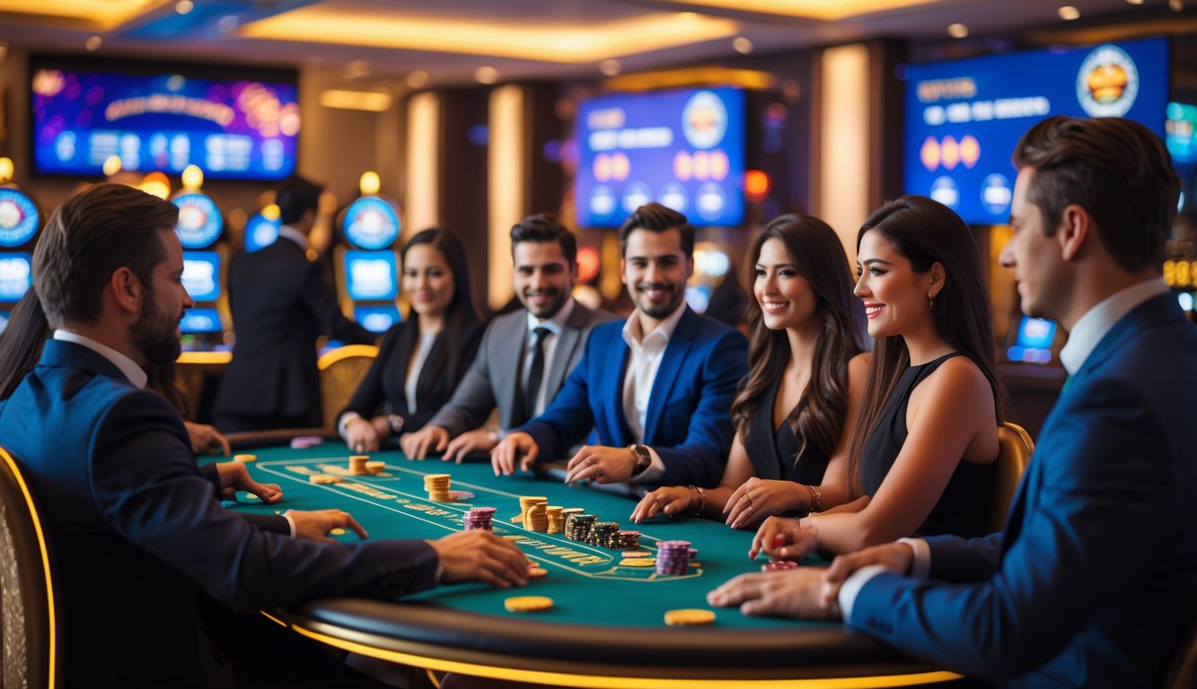 Beberapa pemain sedang bermain permainan kasino online langsung di meja poker dengan dealer dan layar digital di latar belakang.