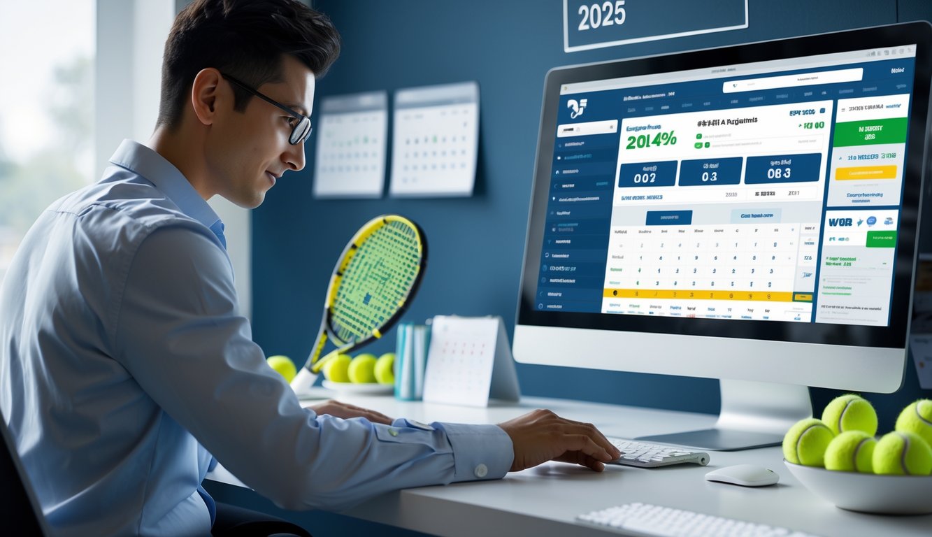 Seorang pria duduk di depan komputer dengan tampilan situs taruhan tenis, di meja terdapat raket tenis dan bola tenis.