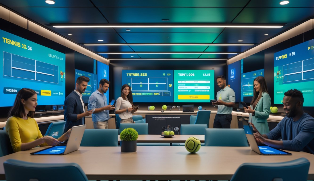 Orang-orang muda menggunakan perangkat digital di ruang modern dengan layar besar yang menampilkan pertandingan tenis dan peluang taruhan.