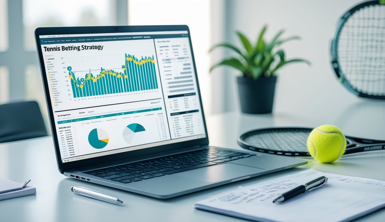 Meja kerja dengan laptop menampilkan grafik taruhan tenis, notepad dengan catatan, bola tenis, dan raket tenis di ruang kantor yang terang.