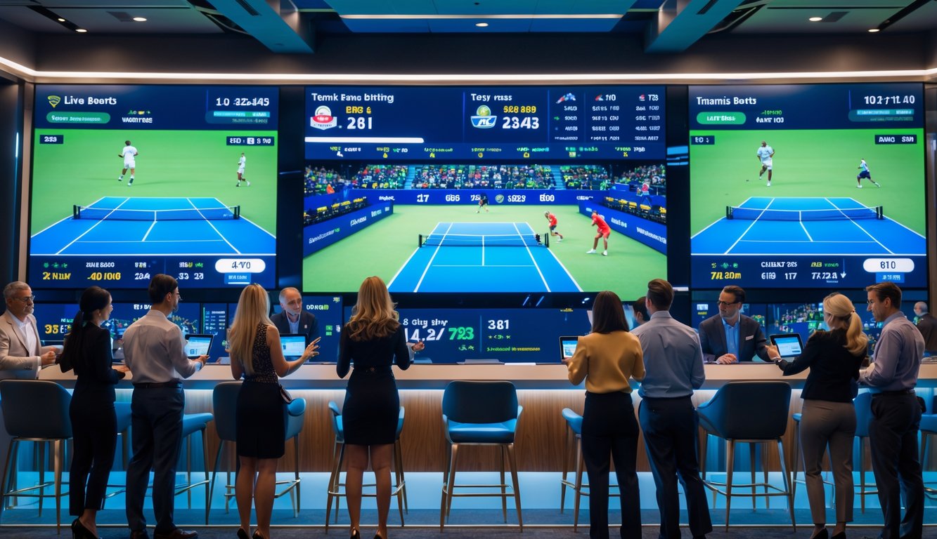 Orang-orang menggunakan perangkat elektronik di ruang taruhan tenis dengan layar besar yang menampilkan pertandingan tenis langsung.