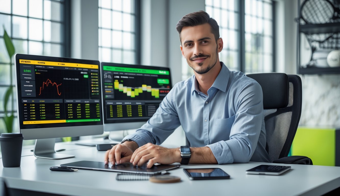 Seorang pria muda duduk di meja kerja dengan beberapa monitor komputer yang menampilkan statistik tenis dan grafik pembayaran, di ruang kantor yang terang dan rapi.