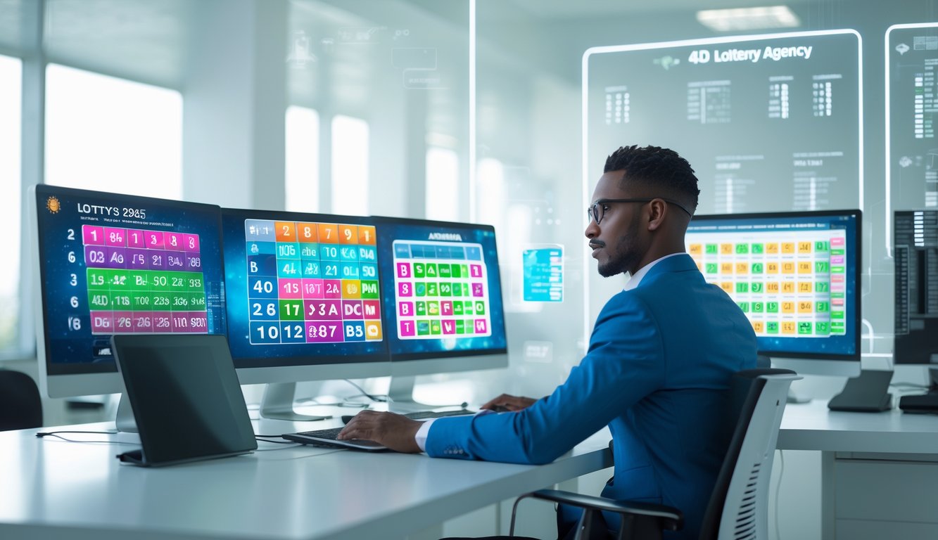 Seorang profesional duduk di meja kantor modern dengan beberapa layar komputer menampilkan angka lotre dan grafik.