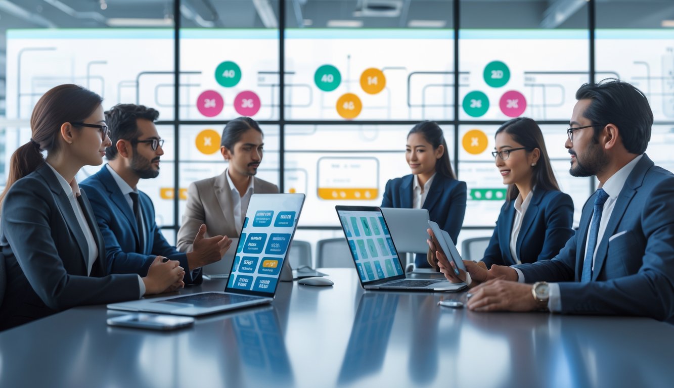 Sekelompok profesional sedang berdiskusi di ruang kantor modern dengan perangkat digital dan layar transparan yang menampilkan grafik angka lotere.