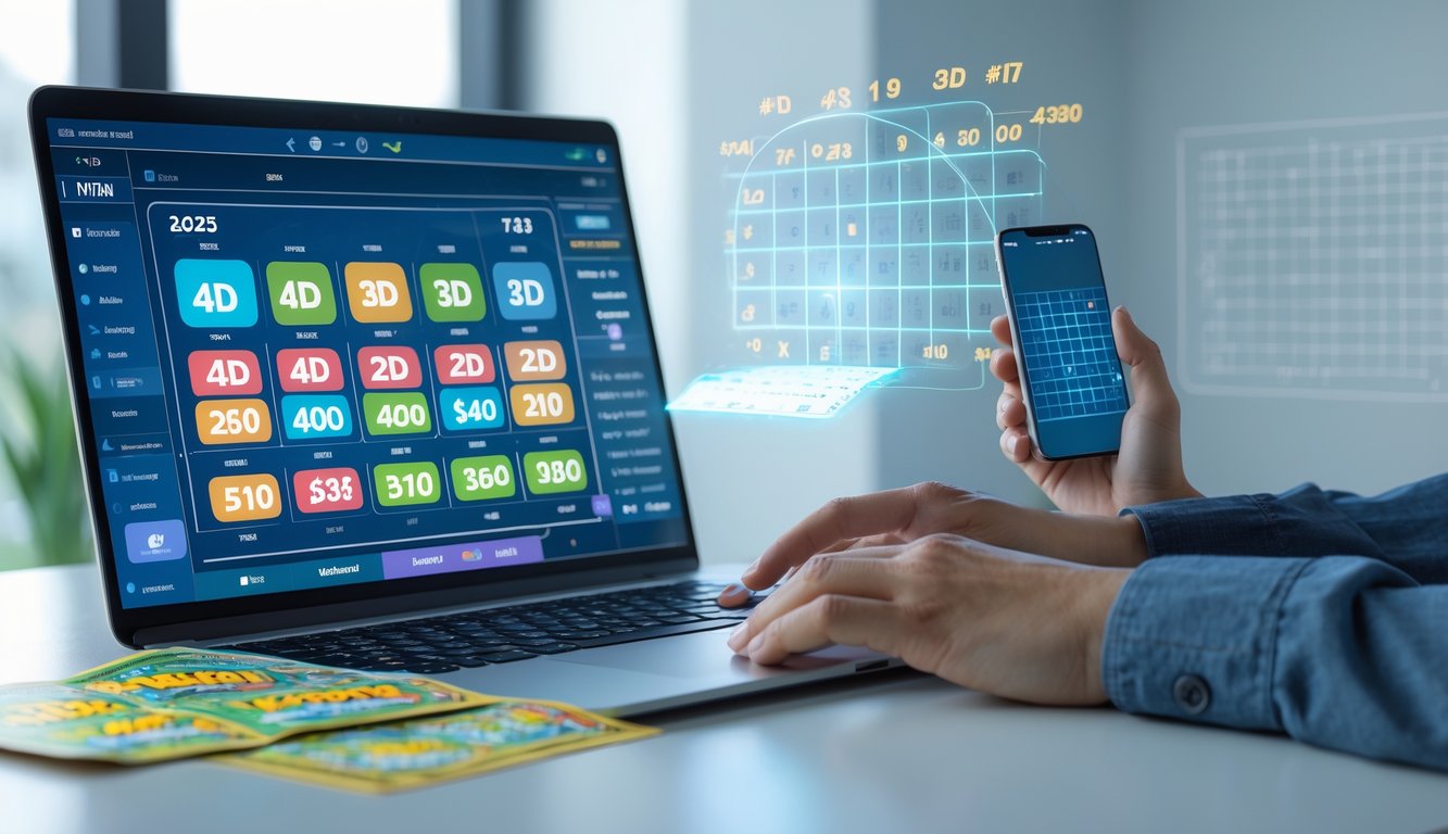 Sebuah ruang kerja modern dengan laptop dan smartphone yang menampilkan permainan togel online dan angka-angka terkait.
