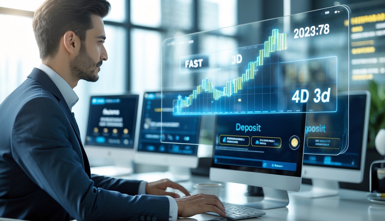 Seorang profesional di kantor modern menggunakan antarmuka digital untuk layanan agen togel dengan layar komputer menampilkan proses deposit cepat.