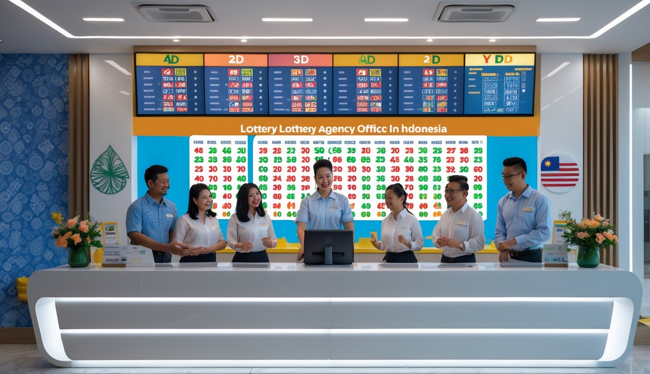 Suasana kantor agen togel di Indonesia dengan staf yang melayani pelanggan di depan layar digital menampilkan angka togel.