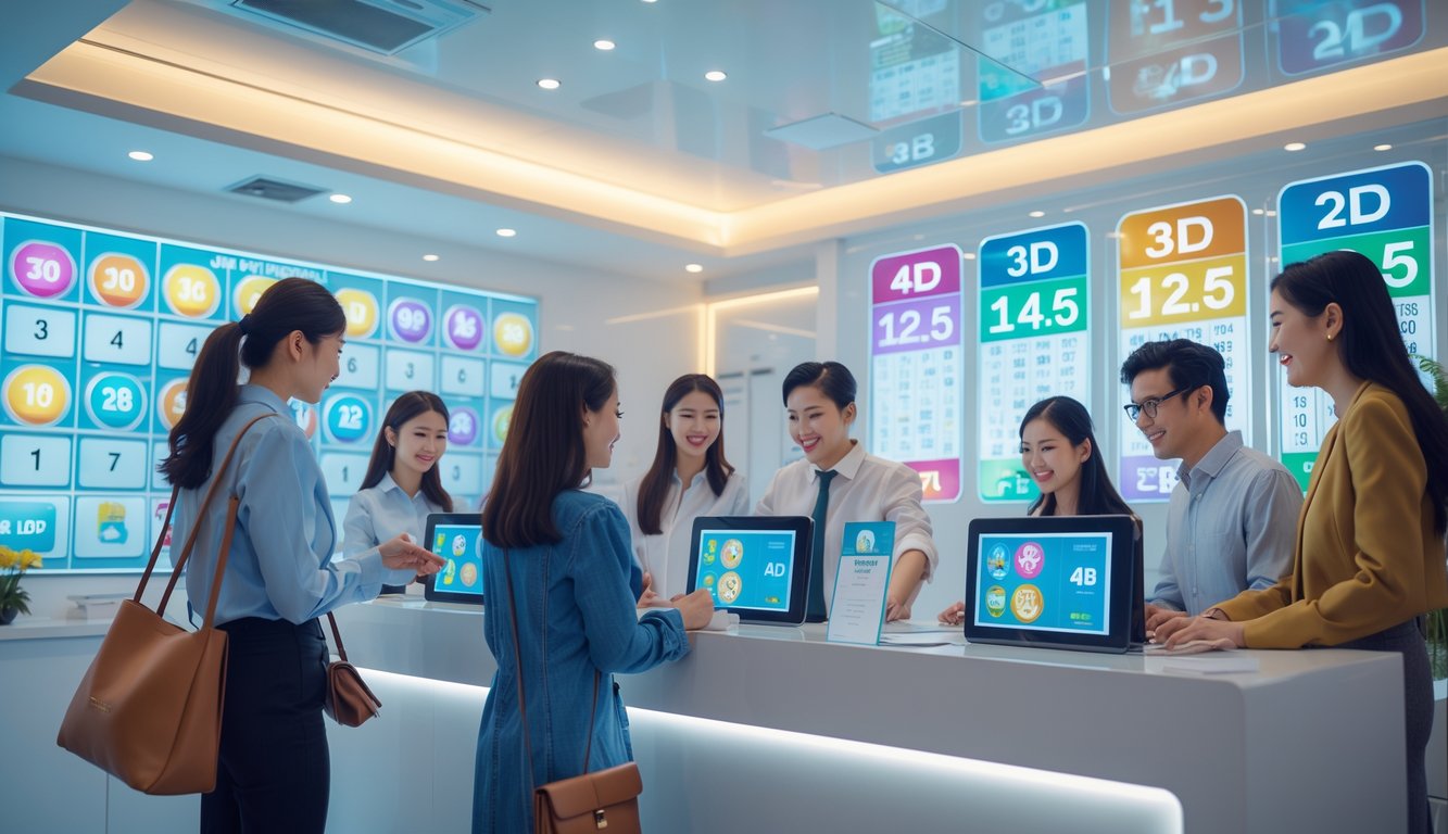 Suasana di kantor agen lotere resmi dengan pelanggan dan petugas yang membantu, menampilkan layar digital dan orang-orang yang mengisi tiket lotere.