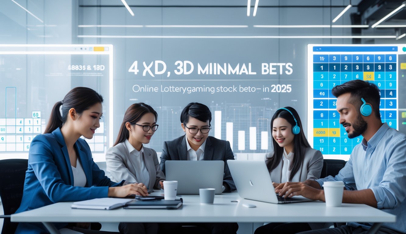 Sekelompok orang muda sedang menggunakan perangkat digital di kantor modern dengan grafik angka lotere di latar belakang.