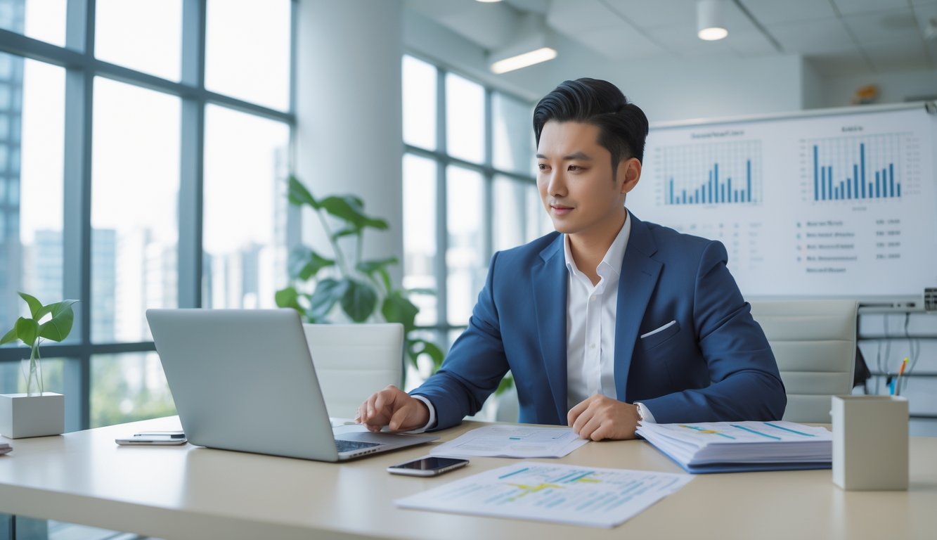 Seorang pria Asia Tenggara duduk di meja kantor modern sambil menganalisis data di laptop dan dokumen, dengan latar belakang jendela besar dan rak buku.