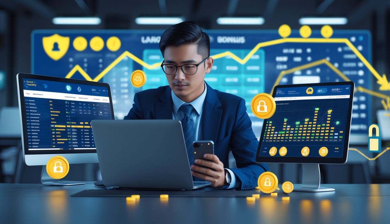 Seorang profesional sedang bekerja dengan laptop dan ponsel di kantor modern yang terang, menampilkan grafik dan data lotere di layar komputer.