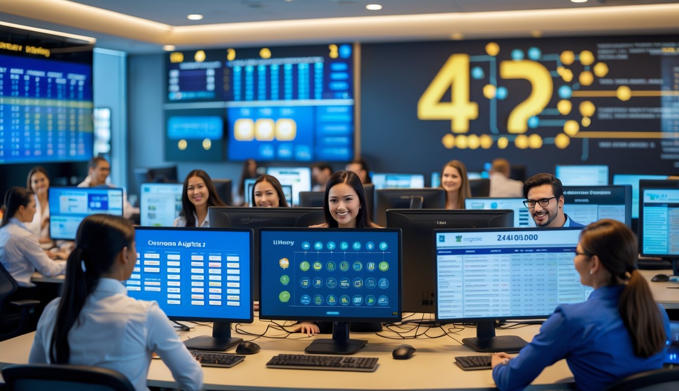 Suasana kantor modern dengan staf layanan pelanggan yang bekerja di depan komputer, menunjukkan layanan agen togel 24 jam.