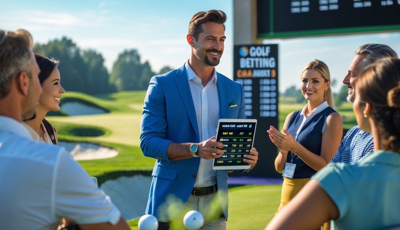 Seorang agen taruhan golf yang percaya diri berdiri di lapangan golf hijau dengan beberapa klien yang mendengarkan dan tersenyum.