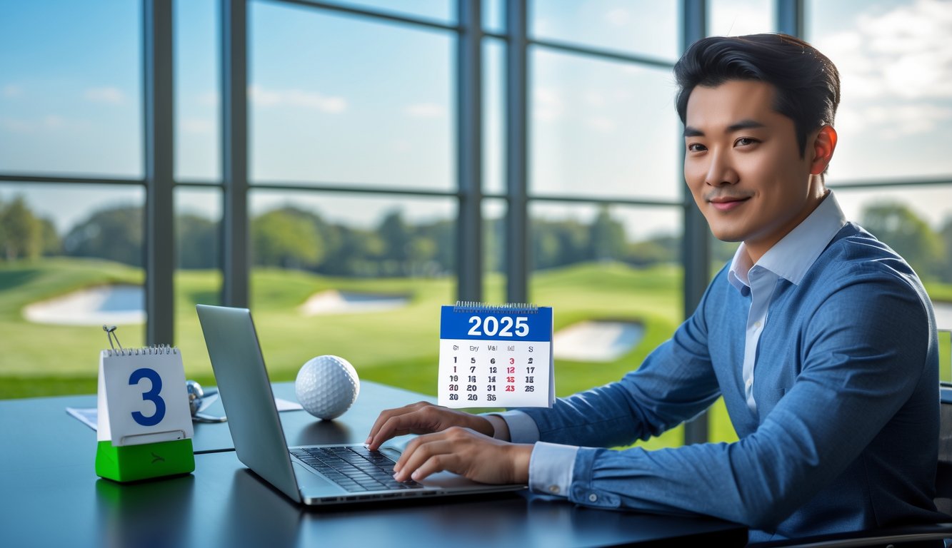 Seorang pria muda duduk di meja kantor menggunakan laptop dengan latar pemandangan lapangan golf di luar jendela.