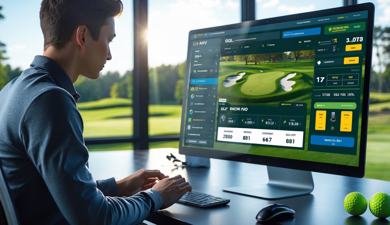 Seseorang menggunakan komputer dengan tampilan situs taruhan golf online, di latar belakang terdapat alat golf dan pemandangan lapangan golf.