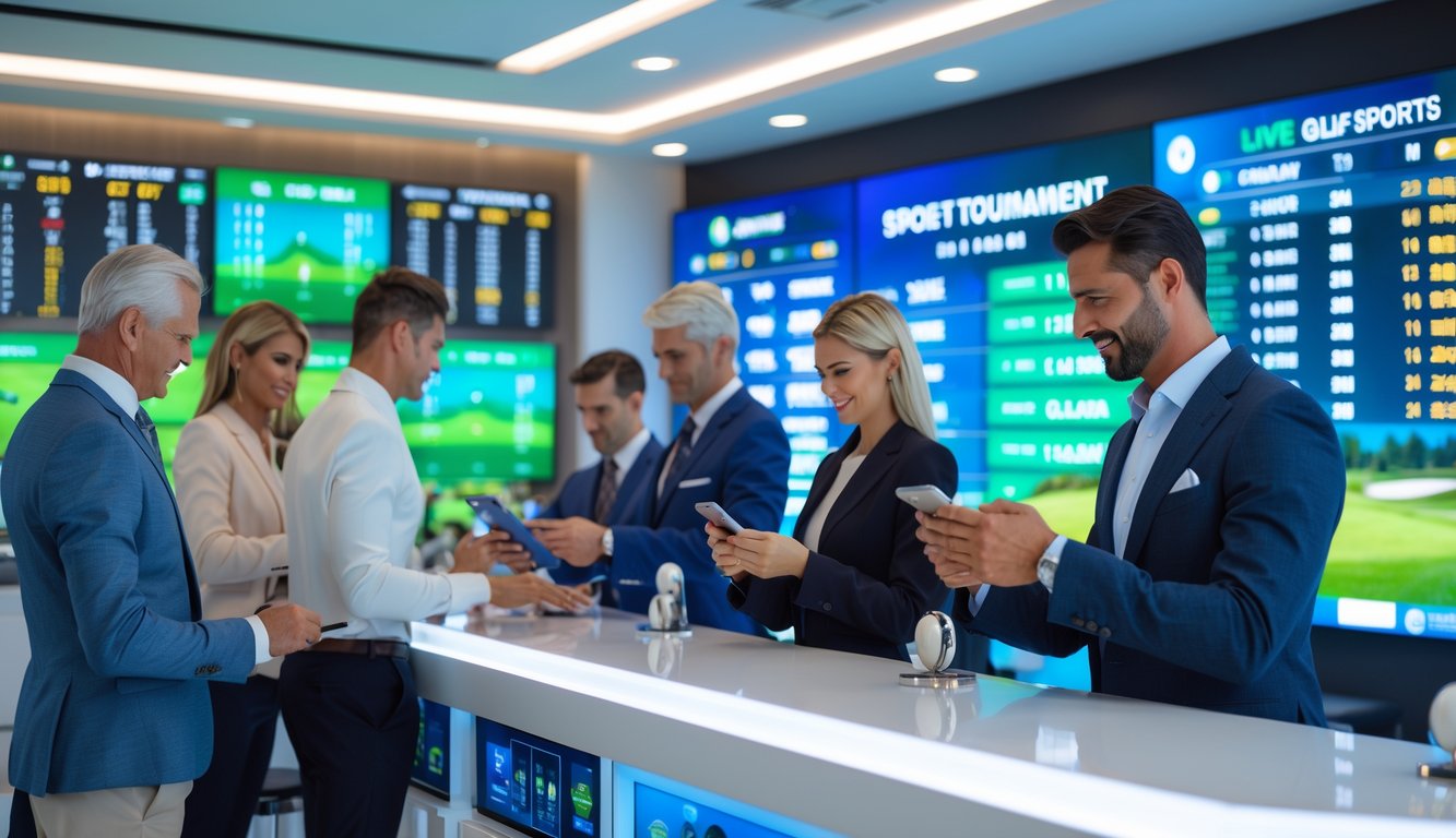 Orang-orang di sebuah agen taruhan golf modern dengan layar digital menampilkan informasi taruhan golf.