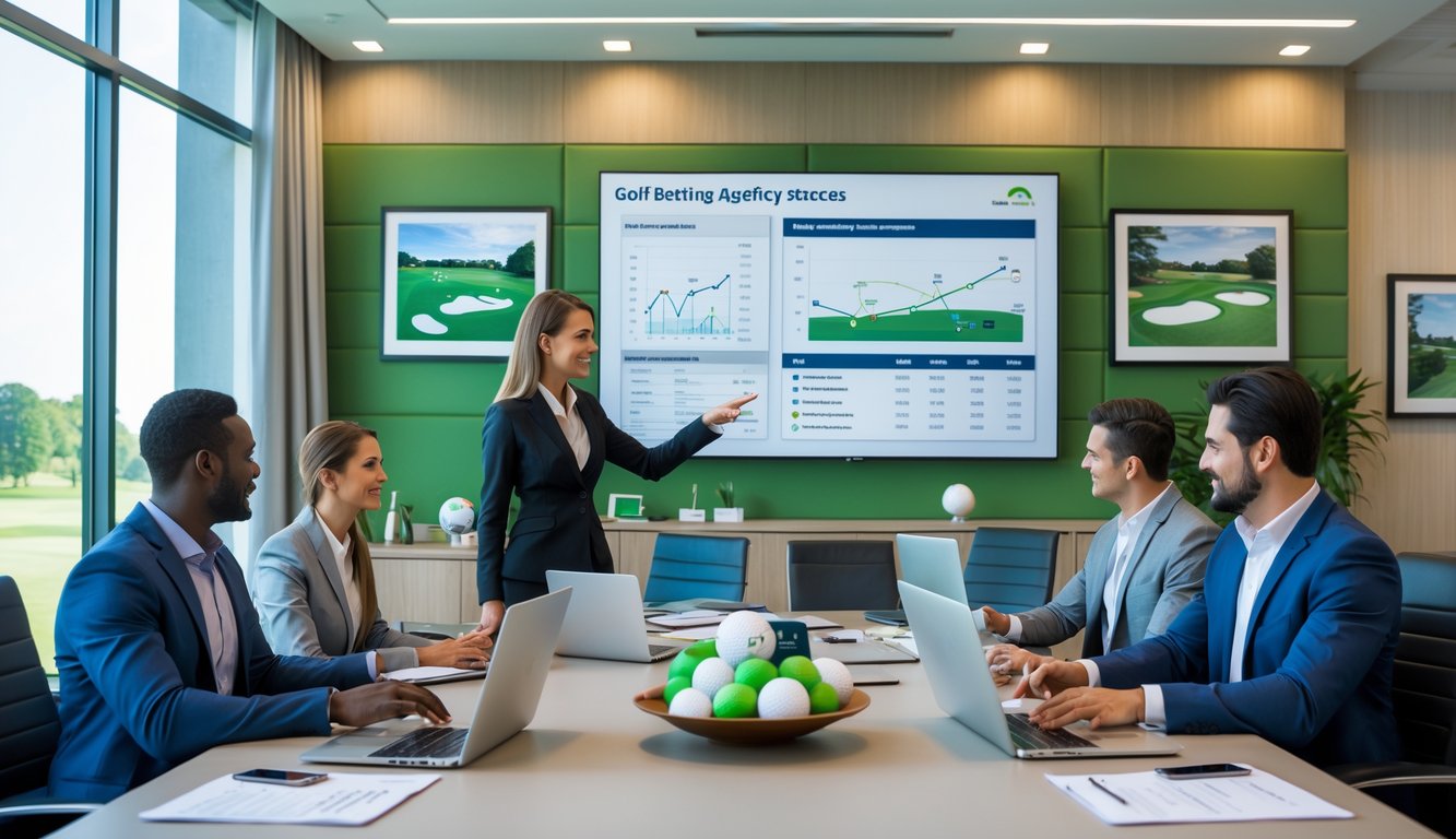 Sekelompok profesional bisnis sedang berdiskusi dan merencanakan strategi taruhan golf di ruang kantor dengan peralatan kerja dan dekorasi bertema golf.