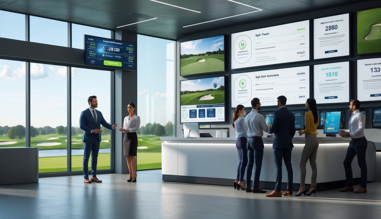 Kantor agen taruhan golf yang modern dan aman dengan agen melayani pelanggan di dalam ruangan yang terang dan rapi.