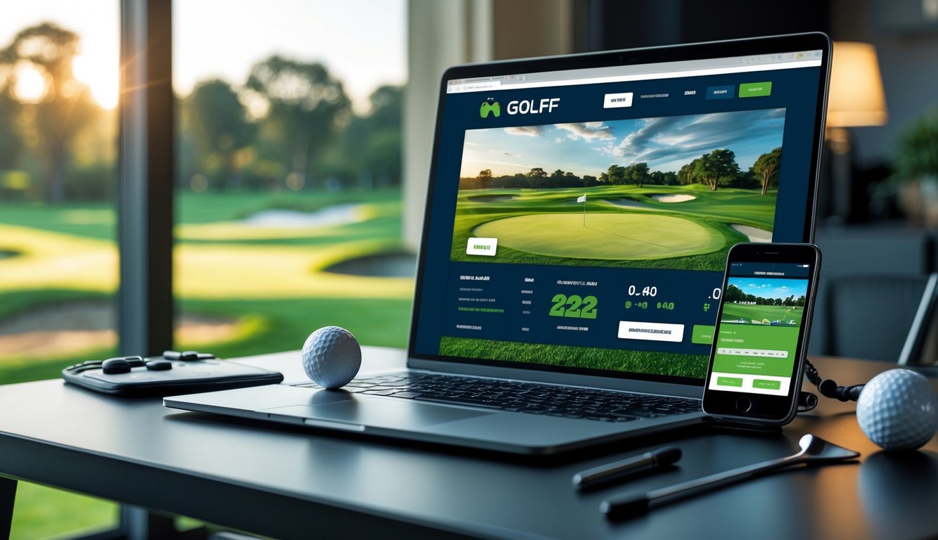 Seseorang sedang menggunakan laptop dan ponsel untuk taruhan golf online dengan perlengkapan golf di meja dan lapangan golf terlihat di latar belakang.