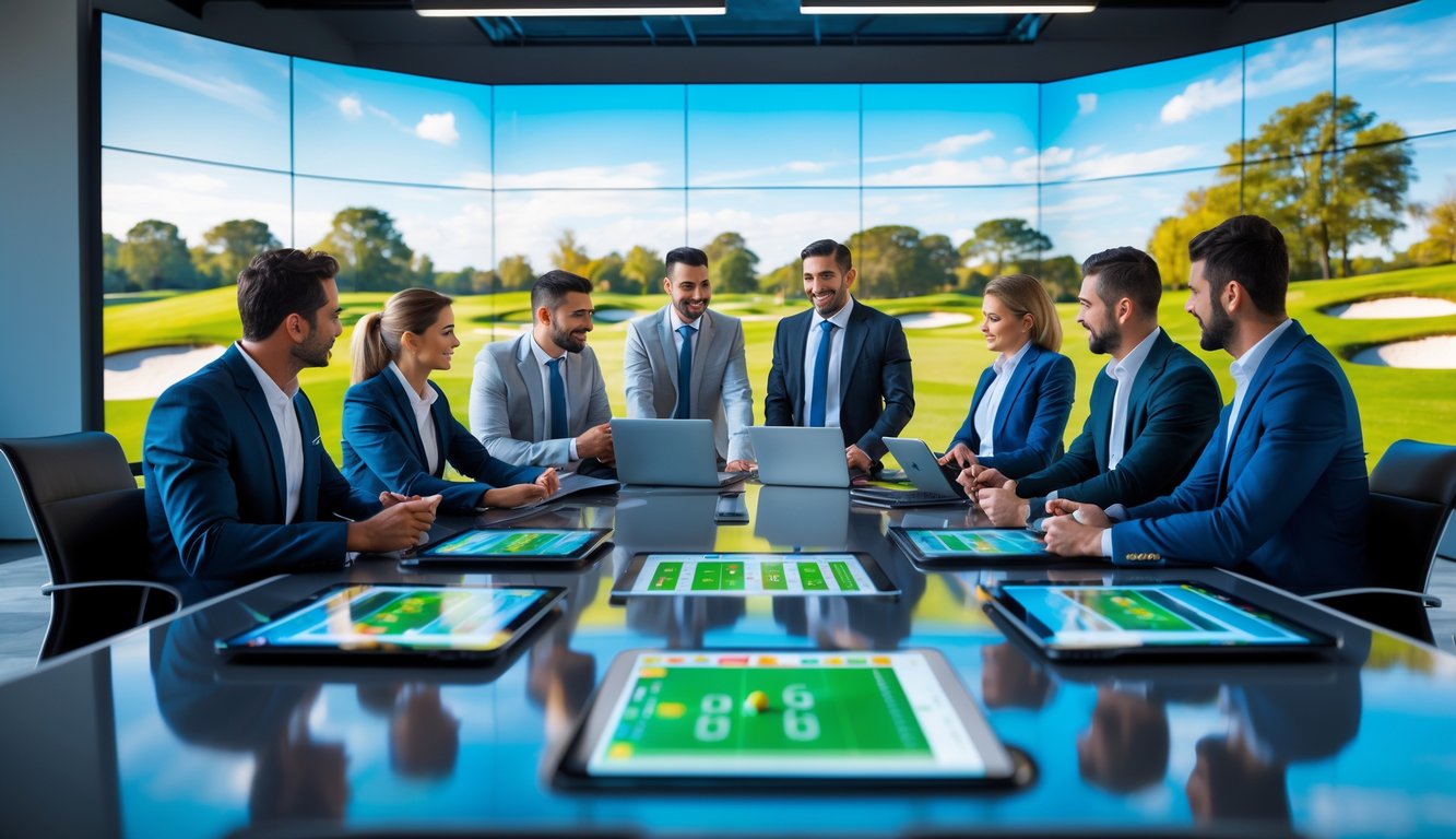 Sekelompok profesional berdiskusi di kantor modern dengan layar menampilkan aktivitas golf dan perangkat digital terkait taruhan golf.