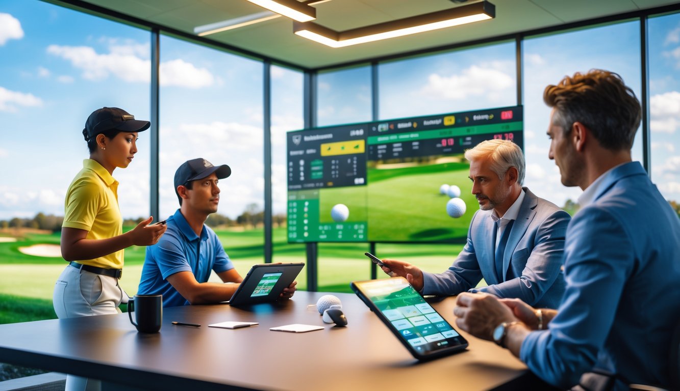 Orang-orang di kantor taruhan golf modern dengan layar digital dan pemandangan lapangan golf di luar jendela.