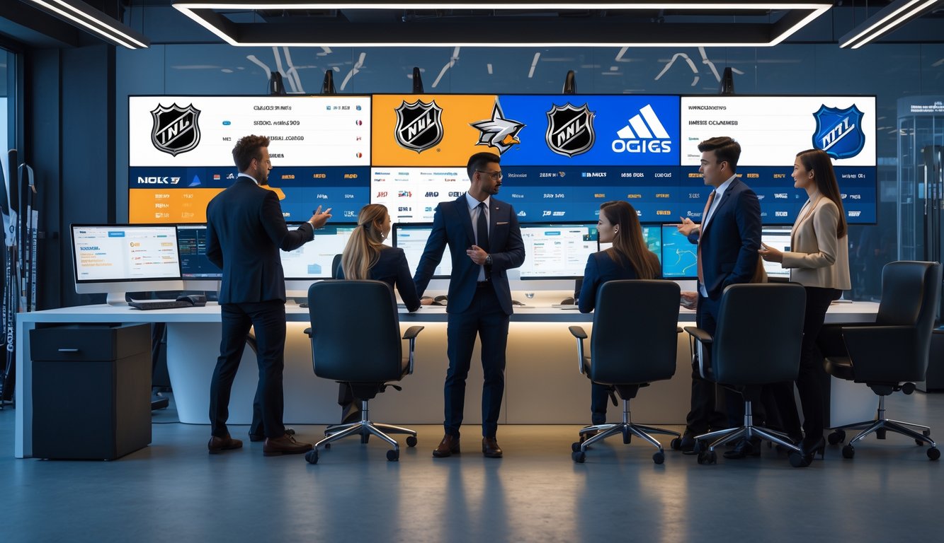 Sejumlah profesional muda bekerja di kantor modern dengan layar digital menampilkan statistik dan pembaruan pertandingan hoki NHL.