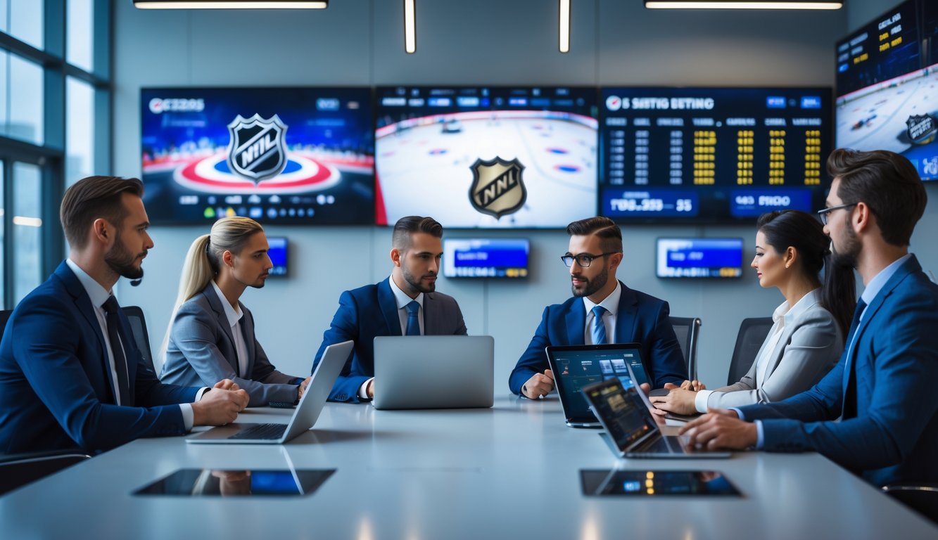 Sekelompok profesional sedang berdiskusi di kantor modern dengan perangkat digital yang menampilkan statistik dan data NHL.