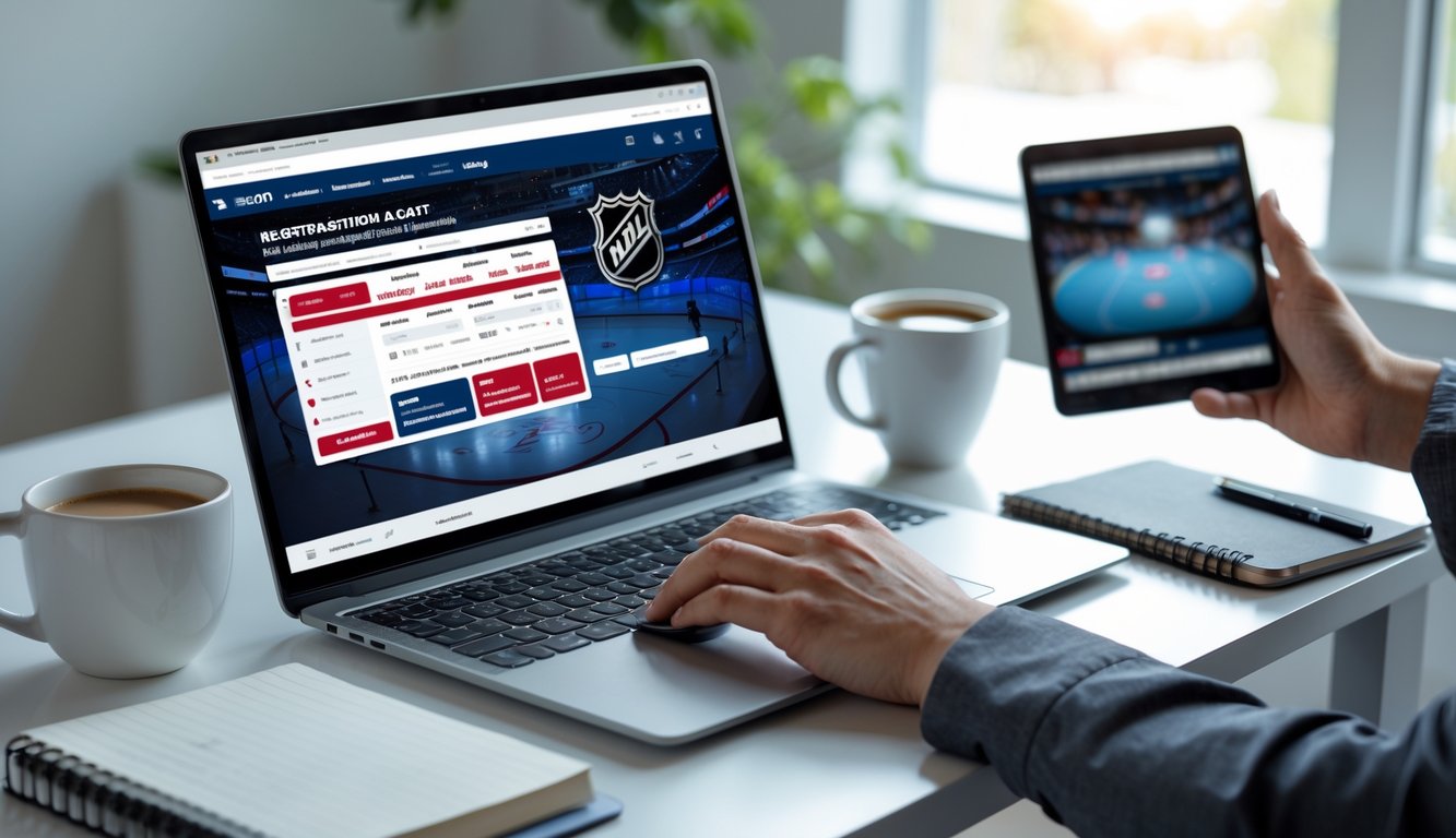Seorang dewasa muda sedang mendaftar agen taruhan NHL secara online di ruang kerja rumah dengan laptop dan ponsel yang menampilkan pertandingan hoki.