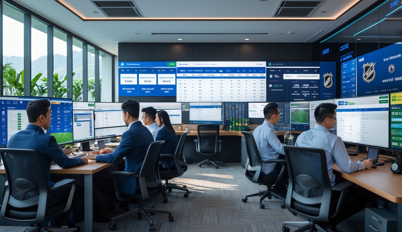 Sekelompok profesional Indonesia bekerja di kantor modern dengan layar komputer menampilkan pertandingan hoki NHL dan informasi taruhan.