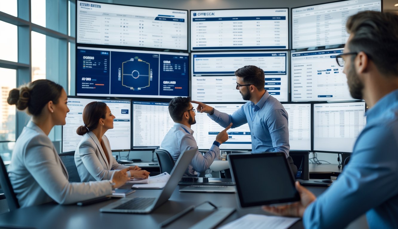 Sekelompok profesional sedang menganalisis data taruhan NHL 2025 di kantor modern dengan layar komputer besar.