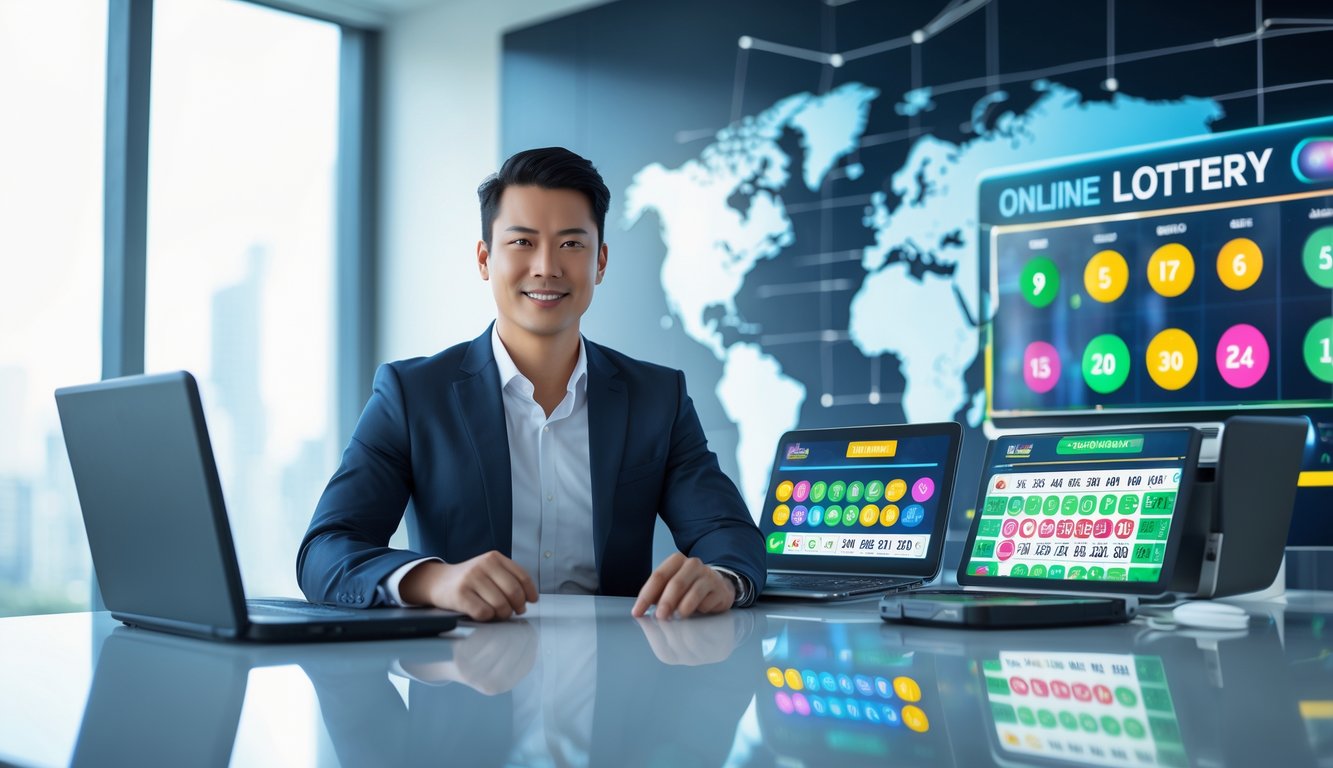 Seorang profesional duduk di meja kerja dengan perangkat digital yang menampilkan angka togel dan grafik di ruang kantor modern.