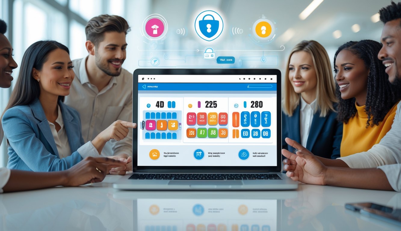 Sekelompok orang muda sedang menggunakan laptop dengan tampilan platform lotre digital yang aman dan cepat.