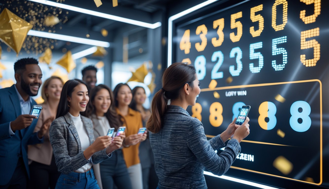 Orang-orang di kantor agen togel sedang memeriksa tiket lotre dengan layar digital menampilkan angka-angka undian di latar belakang.