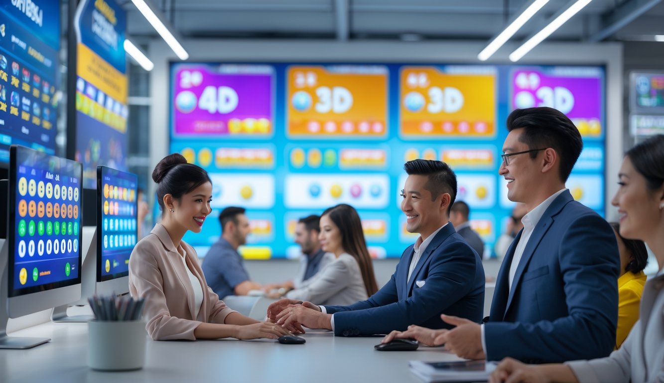 Suasana kantor agen togel dengan petugas melayani pelanggan di meja layanan, layar digital menampilkan angka togel, pelanggan terlihat antusias dan percaya.