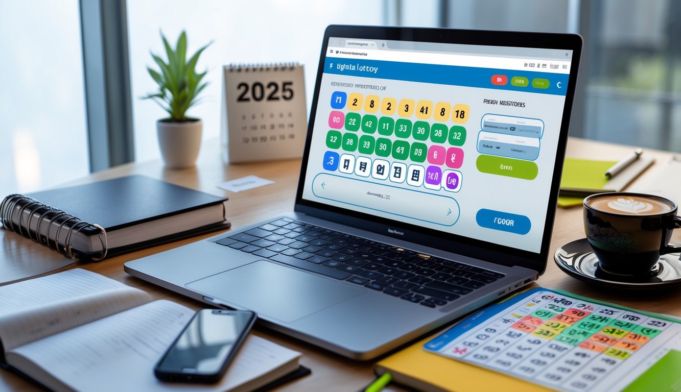 Meja kerja dengan laptop yang menampilkan antarmuka pendaftaran togel online, smartphone, buku catatan, dan cangkir kopi di dekat jendela dengan pencahayaan alami.